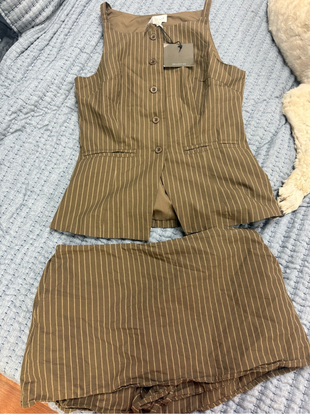Le Lis Olive Brown Pinstripe Sleeveless Two-Piece Romper Set